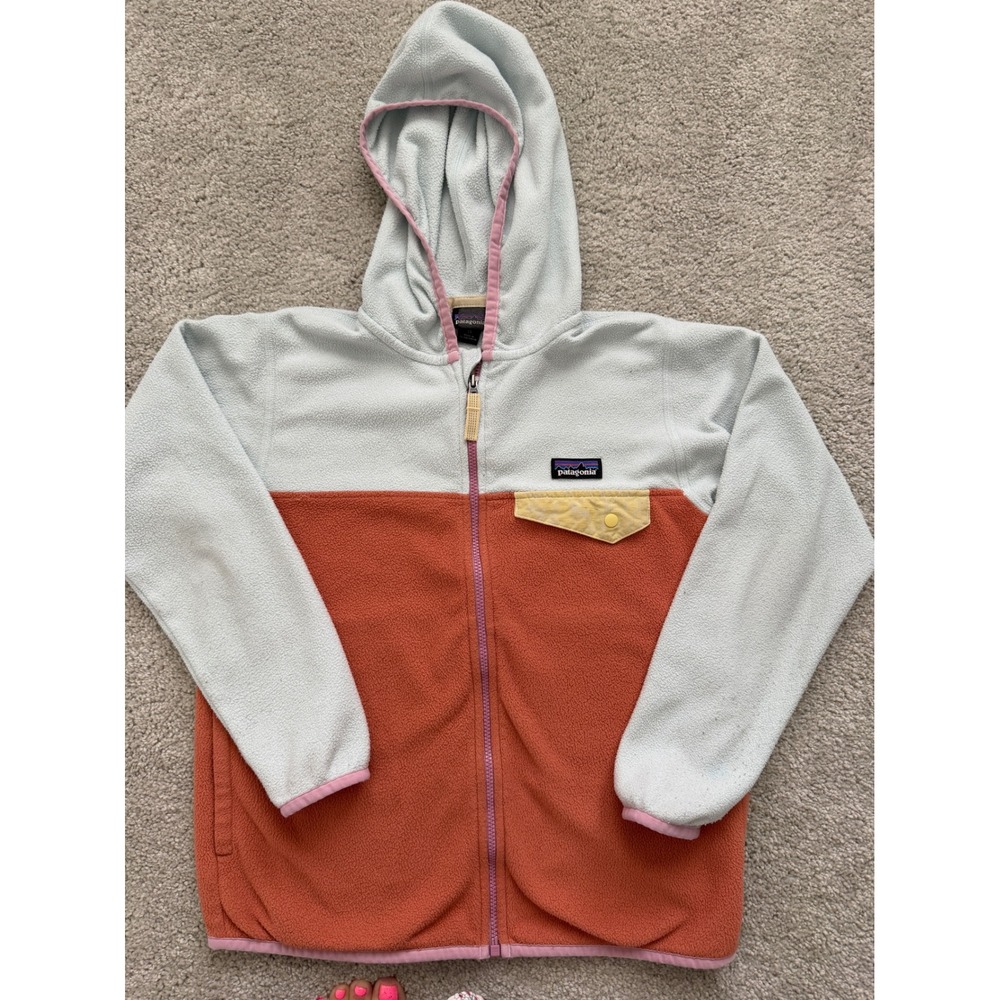 Patagonia Kids Micro D Snap-T Full-Zip Fleece Hoodie Blue Orange Pink Small 7-8